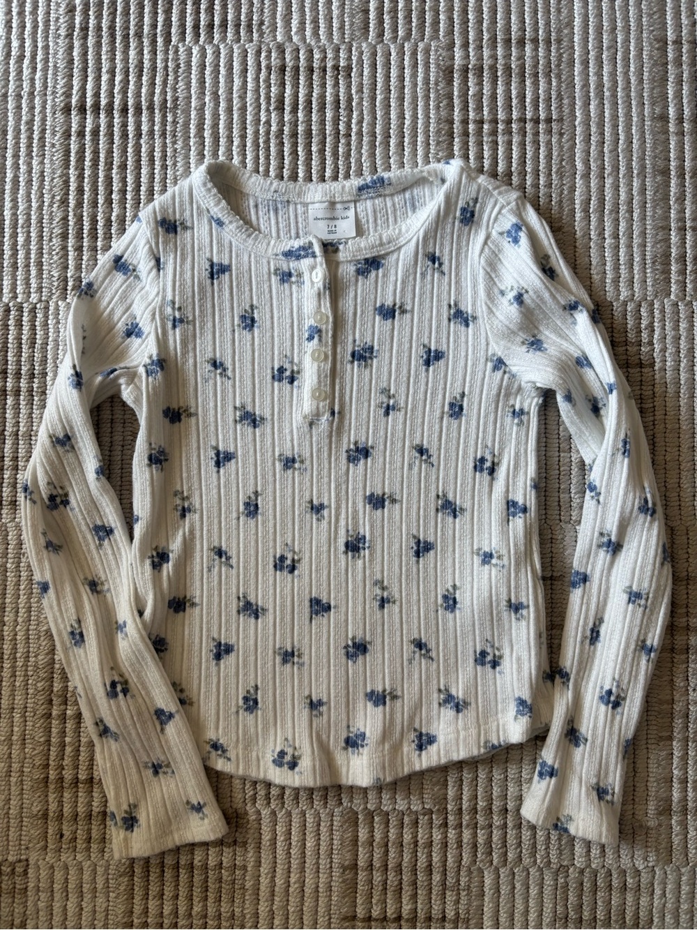 Abercrombie White Ribbed Henley Top with Blue Floral Print